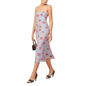 Reformation Rosaly Floral Midi Dress Blue Square Neck Strap Pullover Sz 6